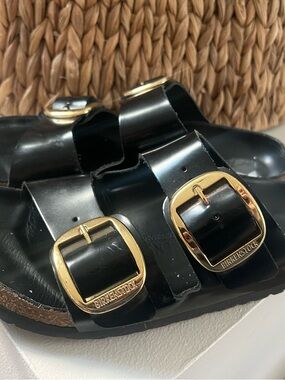 Birkenstock Black Patent Gold Big Buckle Sandals 40